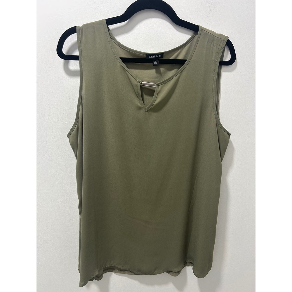Sami & Jo Womens Olive Green Keyhole Neck Sleeveless Blouse Metal Bar Accent L